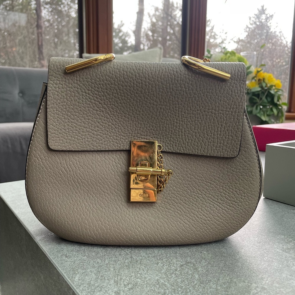 Chloé taupe leather Drew-inspired crossbody with gold hardware